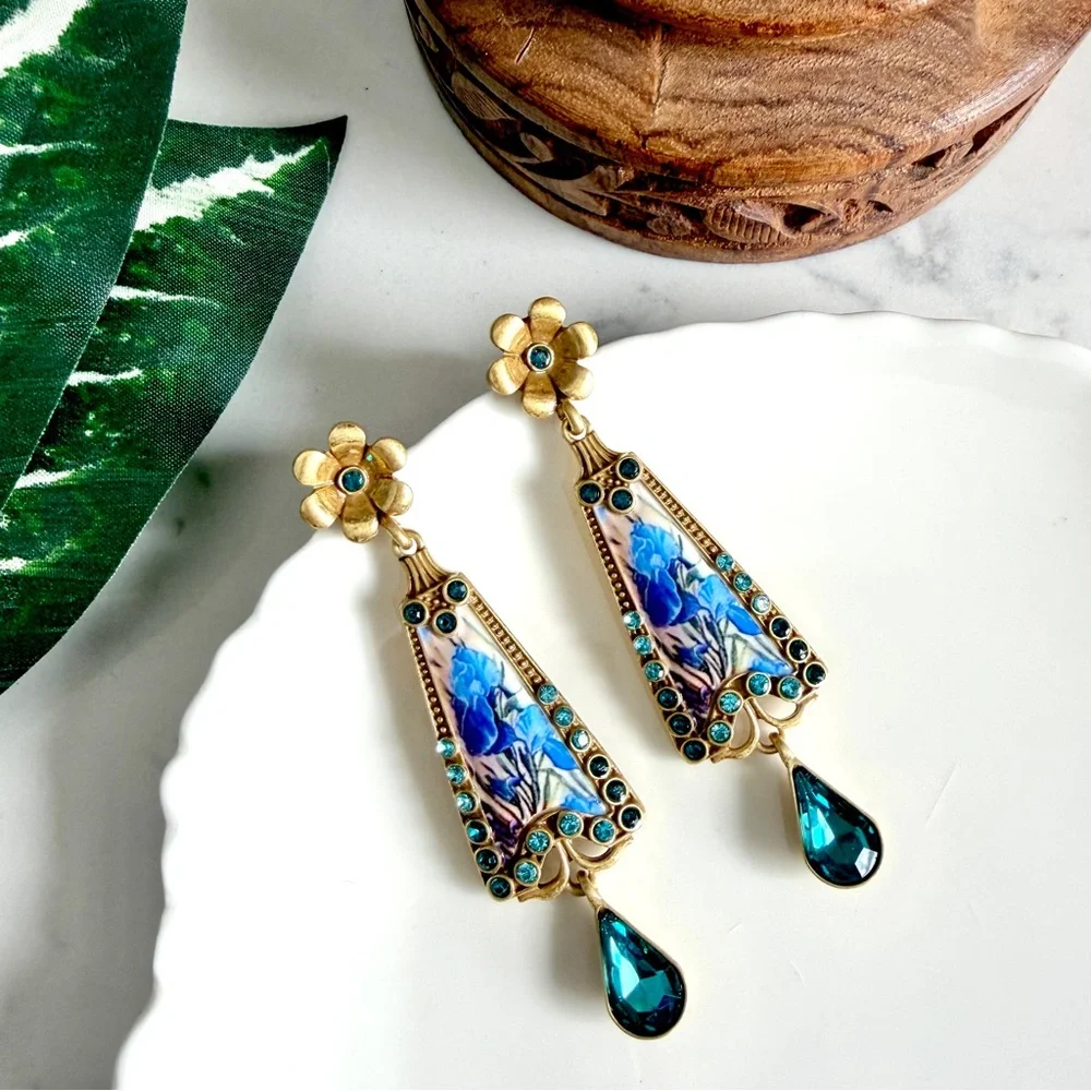 Blue Iris Floral Crystal Earrings Vintage Style Ornate Jewelry Baroque Gift NEW